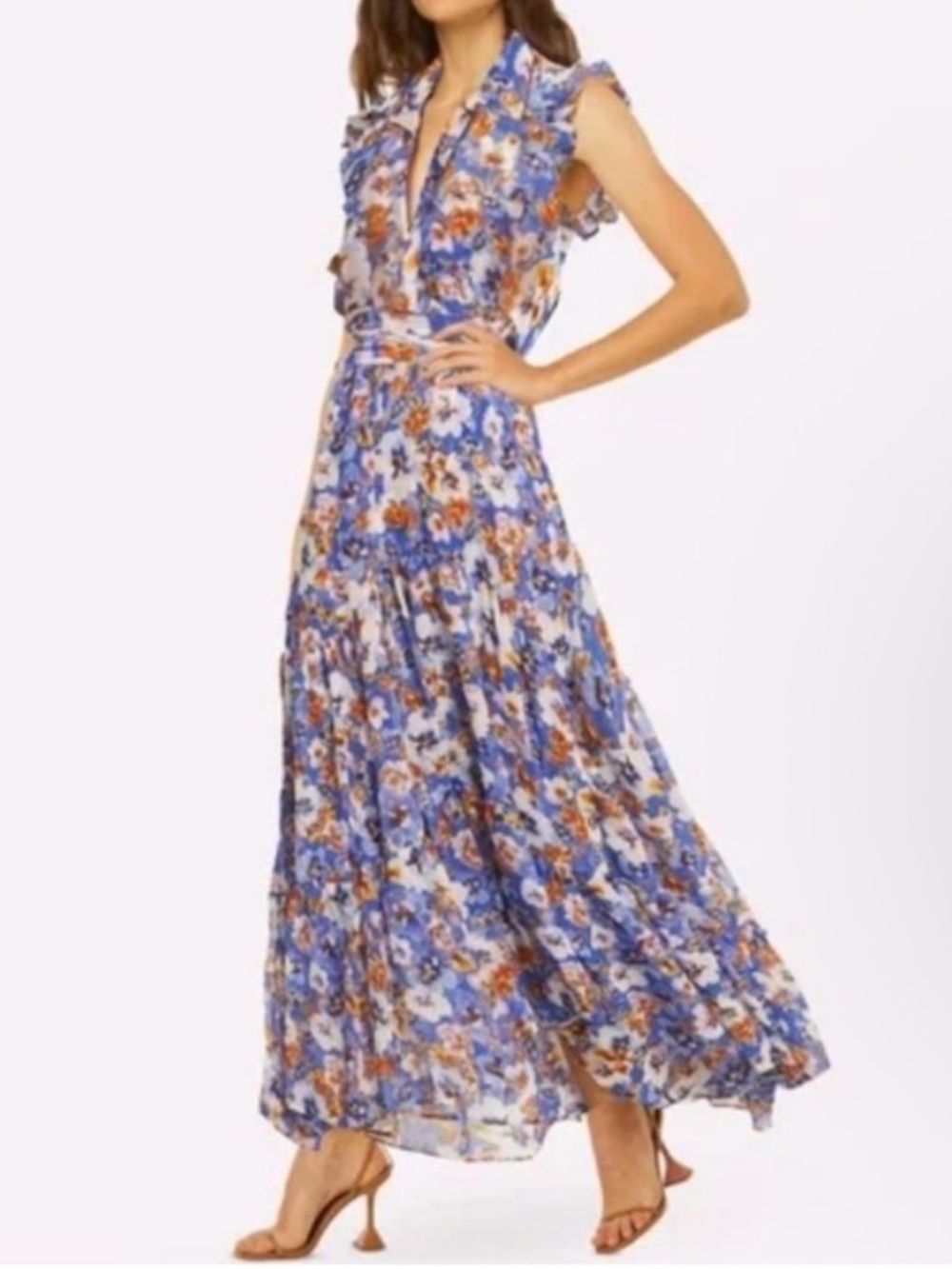 Misa Los Angeles Trina Maxi Dress Sleeveless Ruffle Blue Pansy Floral Size S